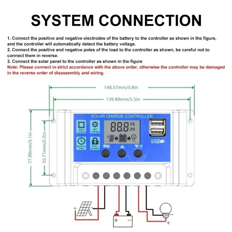 12V/24V PWM Solar Charge Controller with LCD Display & Dual USB Ports
