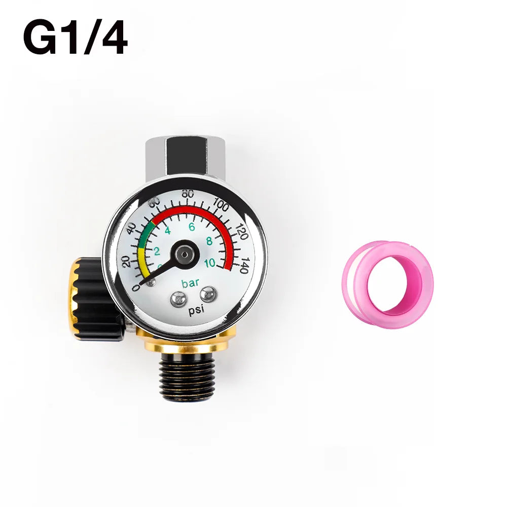 G1/4 Spray Gun Air Pressure Regulator with Gauge - Adjustable 140 PSI Valve - 9