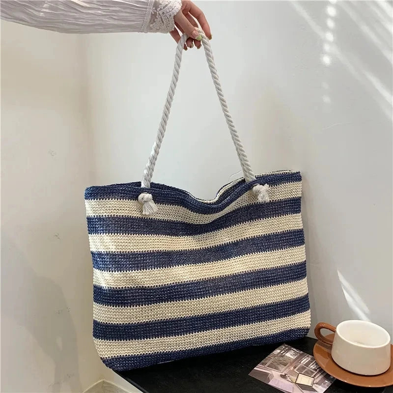 Luxury Striped Straw Beach Tote