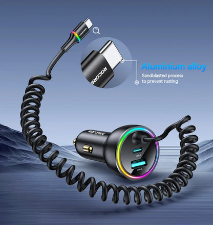 70W Fast USB-C Car Charger with 1.6m Retractable Spring Cable