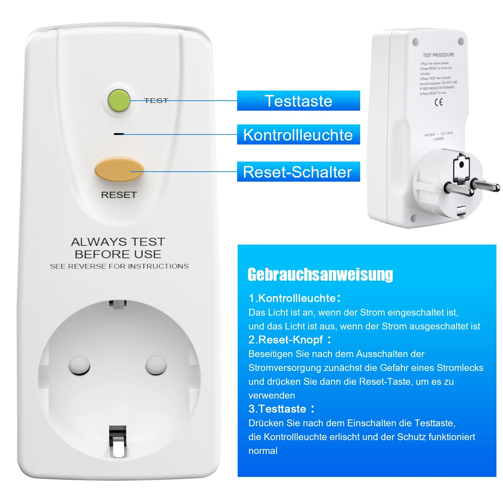EU GFCI Leakproof Safety Plug - 16A RCD Circuit Breaker for Home & Outdoor - 3