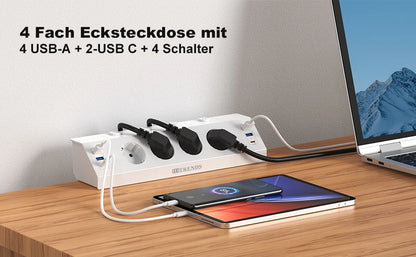 EU Desk Clamp Power Strip with 4 USB Ports, 2 USB-C & Surge Protection