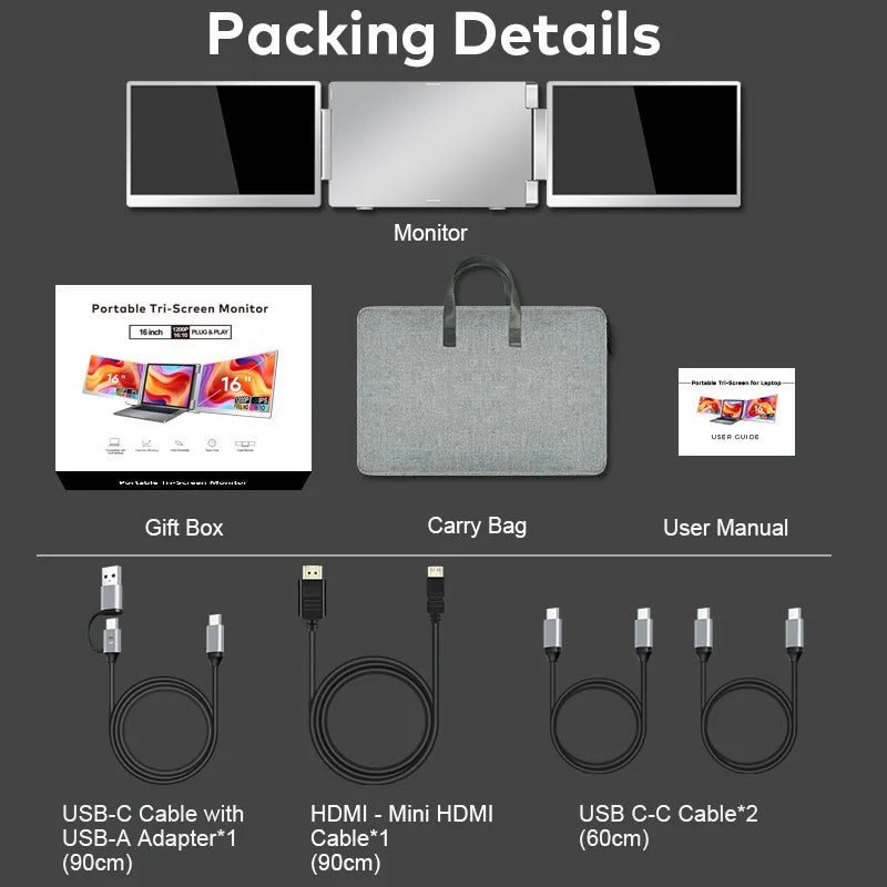 Portable Triple Screen Laptop Extender - 16" FHD IPS Dual Monitor Setup