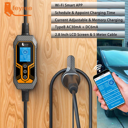11kW Type 2 Portable EV Charger - 16A 3-Phase Smart App Control 5m Cable
