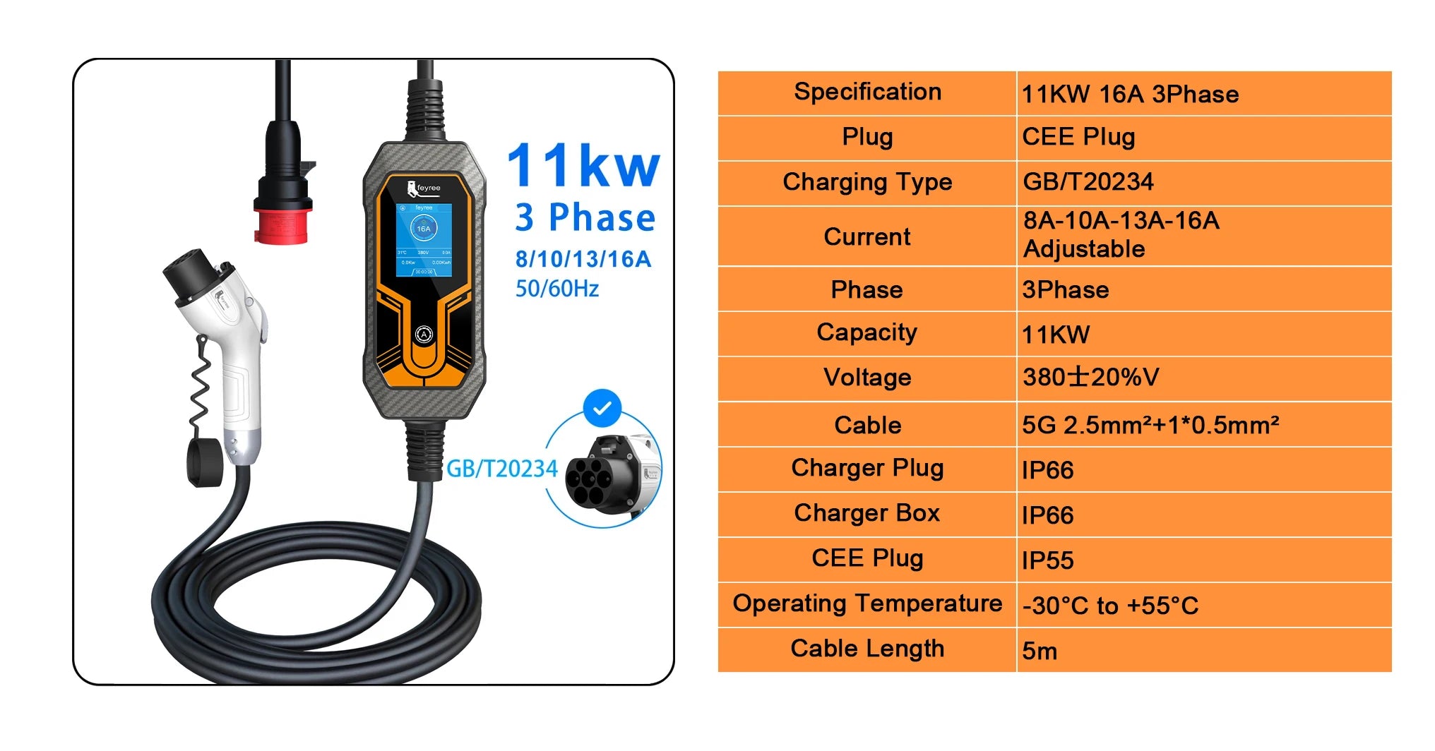 Portable GB/T Electric Vehicle EV Charger - Adjustable 3.5KW-11KW Power - 8