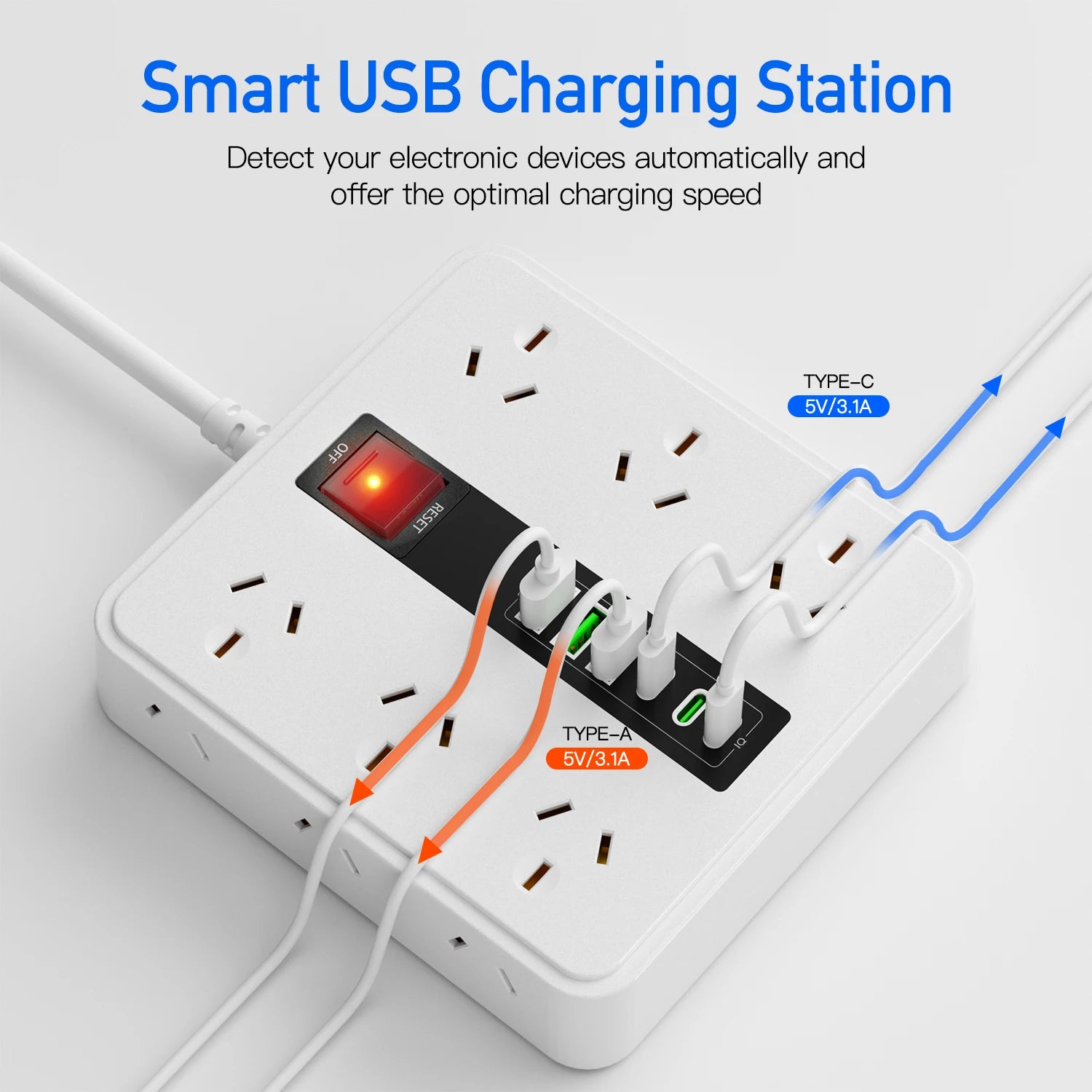 Australian Power Board: 12-Socket Extension Lead with 6 USB Fast Charger - 2