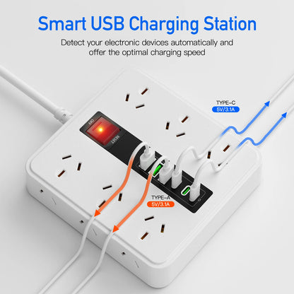 Australian Power Board: 12-Socket Extension Lead with 6 USB Fast Charger