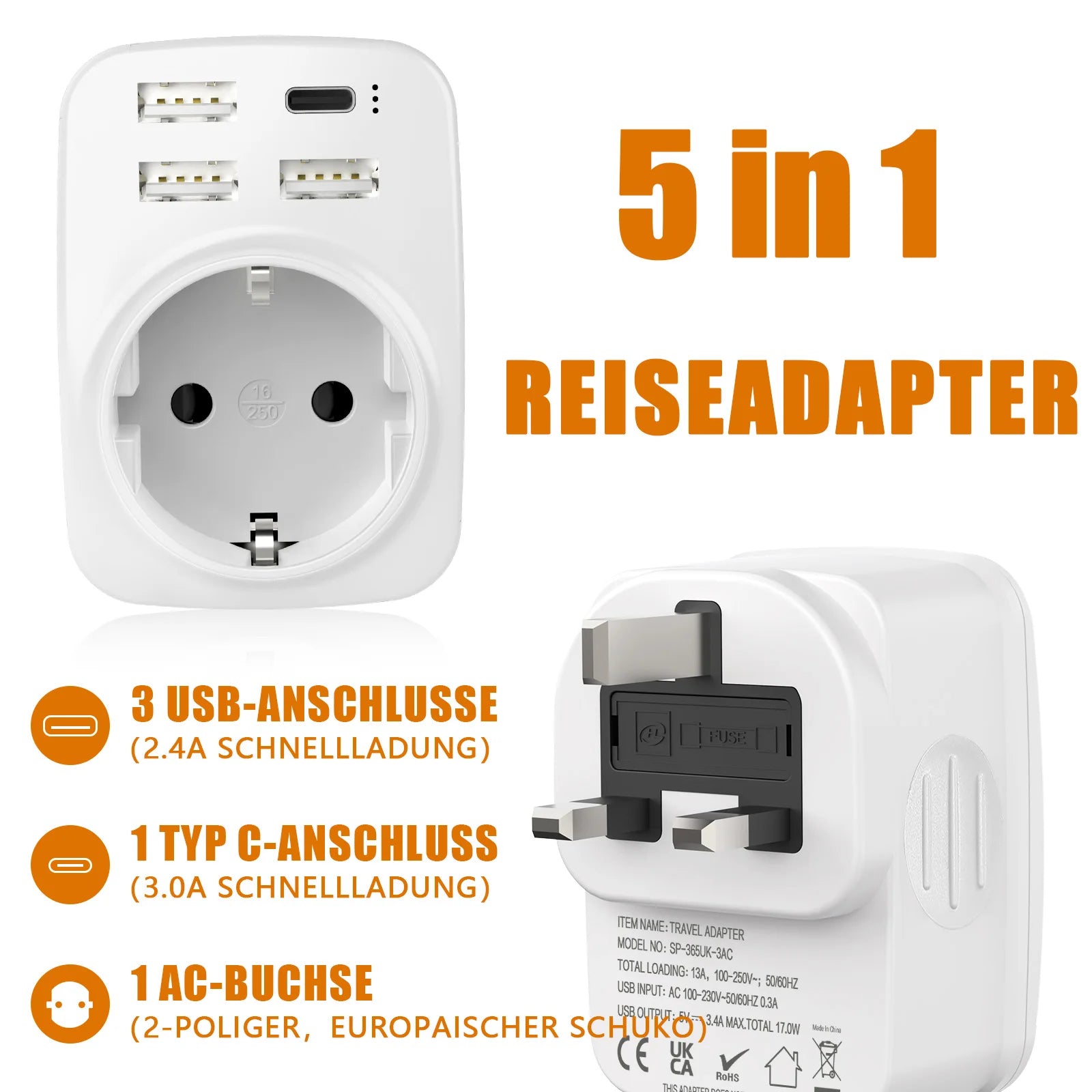 UK Travel Adapter Type G Plug with 3 USB-A & 1 USB-C Ports 5-in-1 Charger - 2
