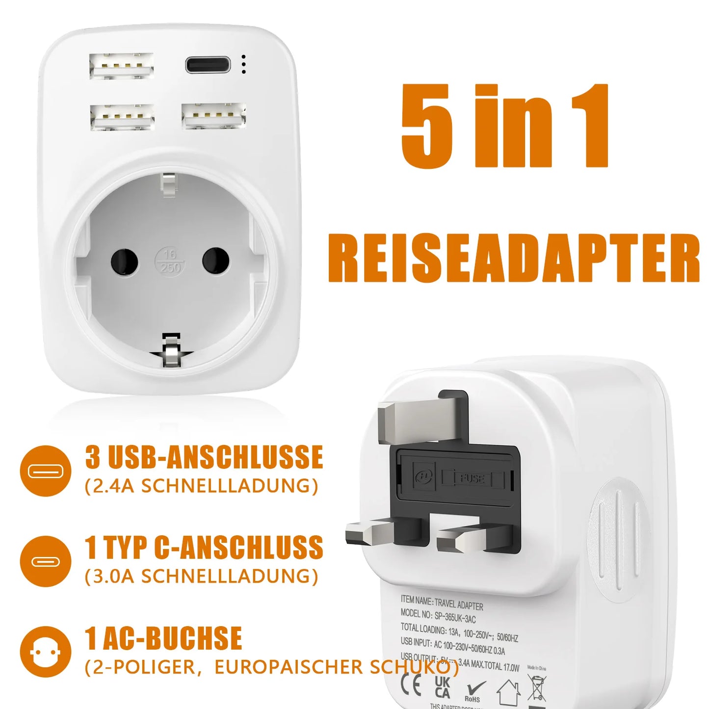 UK Travel Adapter Type G Plug with 3 USB-A & 1 USB-C Ports 5-in-1 Charger