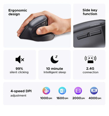 Vertical Ergonomic Wireless Mouse 4000 DPI Optical 2.4G Silent Click