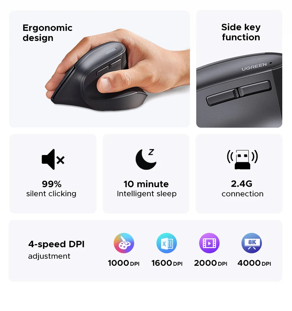 Ergonomic Vertical Wireless Mouse - Bluetooth & 2.4G 4000DPI Silent Mouse - 10