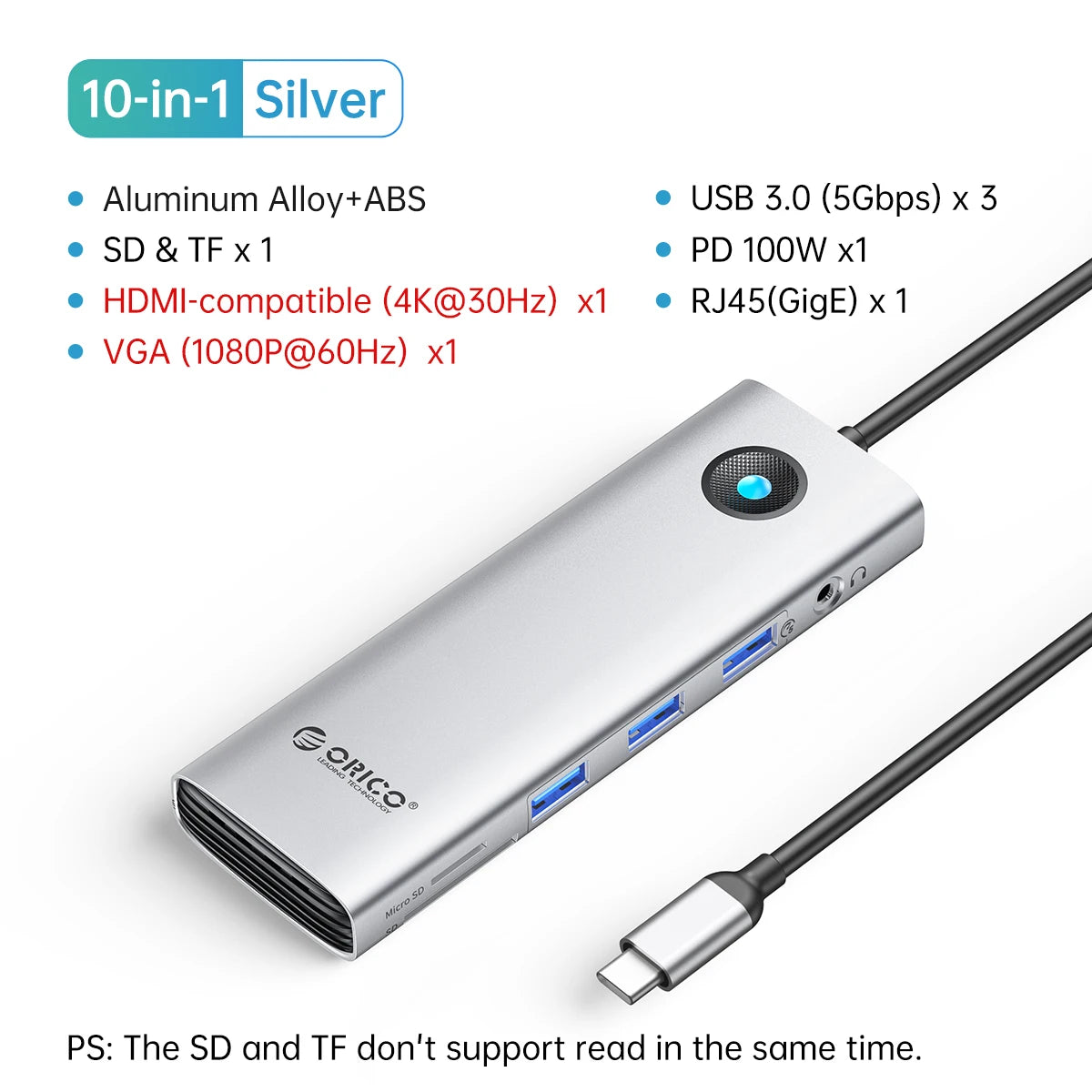 ORICO 10-in-1 USB-C Docking Station 4K HDMI Hub for Laptop & MacBook - 34