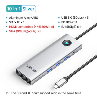 ORICO 10-in-1 USB-C Docking Station 4K HDMI Hub for Laptop & MacBook