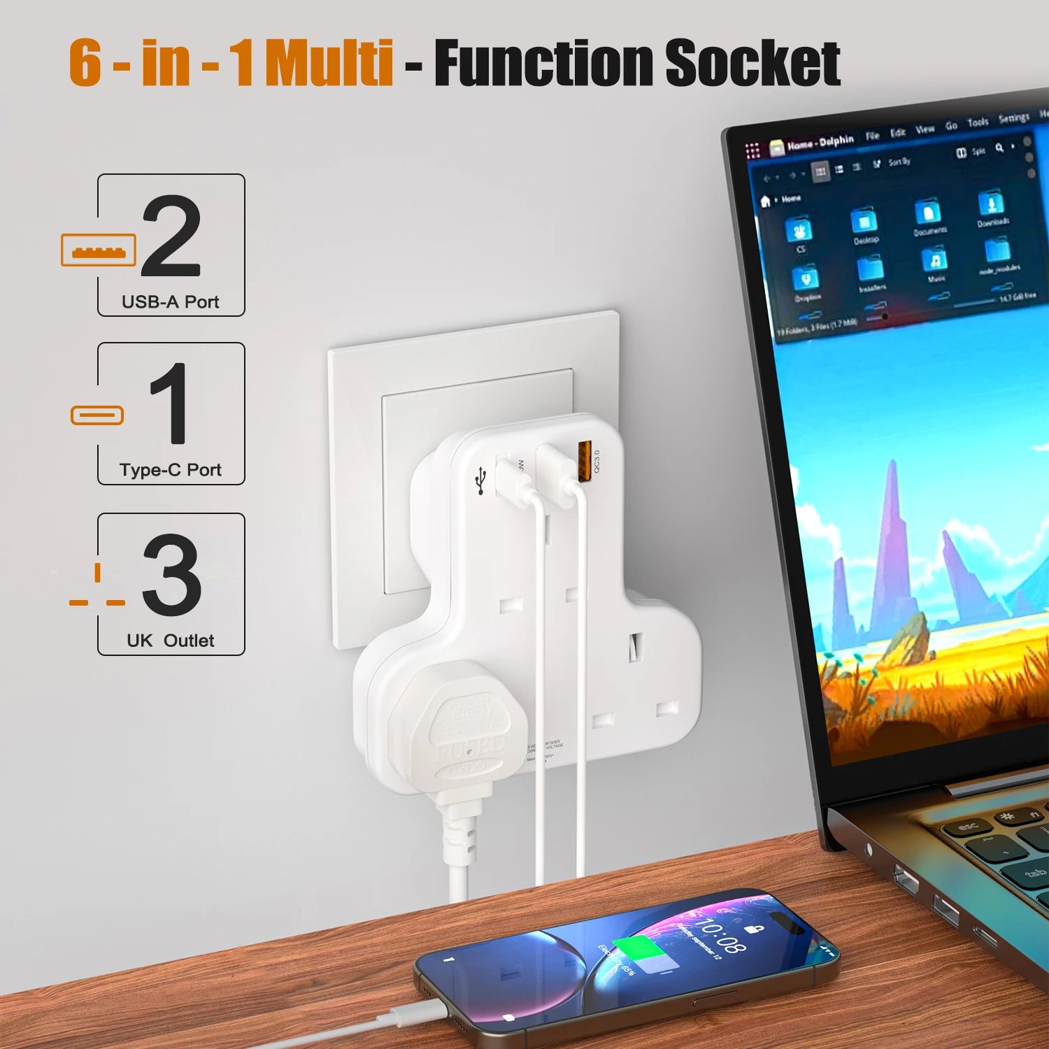 UK 6-in-1 Wall Socket Extender with 20W PD Fast Charging & 3 USB Ports - 2
