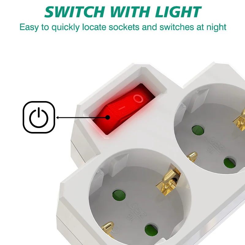 German Standard 2-Way Wall Socket Adapter with On/Off Switch & Surge Protection - 4