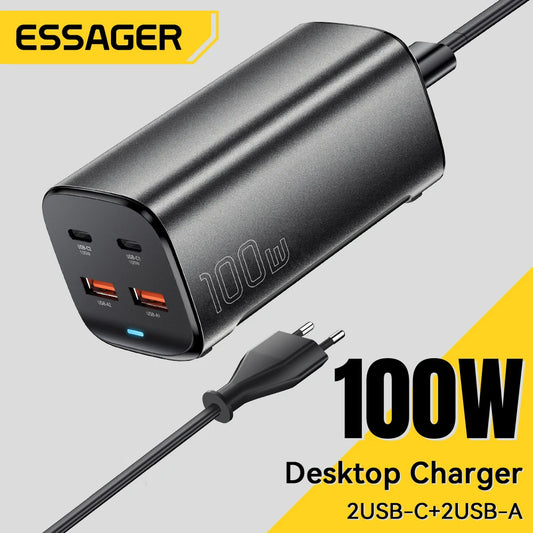 100W GaN Desktop Fast Charger - 4-Port USB-C & USB-A Multi-Device Charging Station