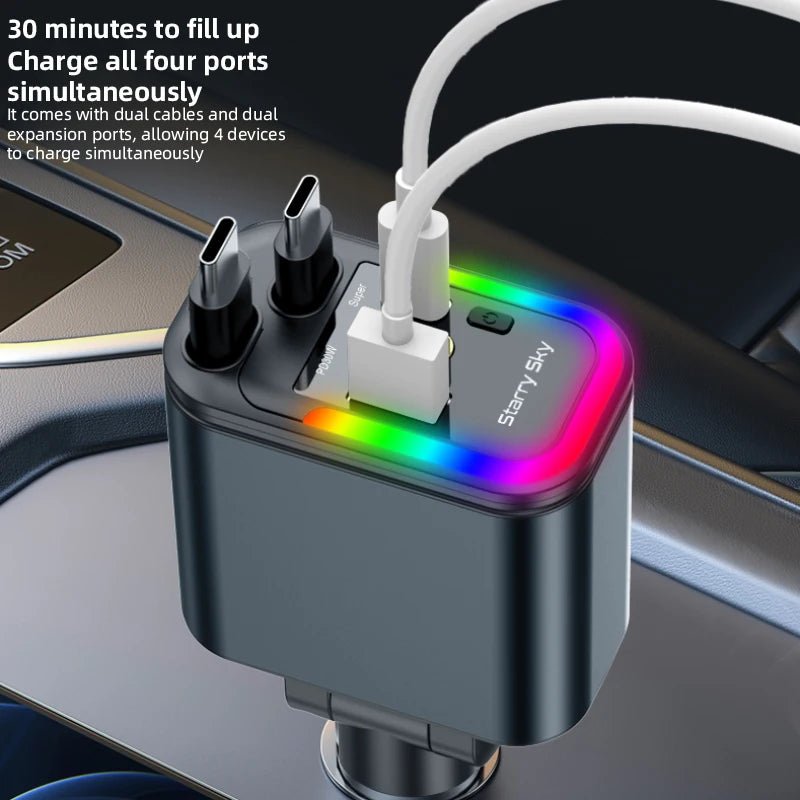 4-in-1 Retractable Car Charger 180W Fast Charging Adapter for All Phones - 7