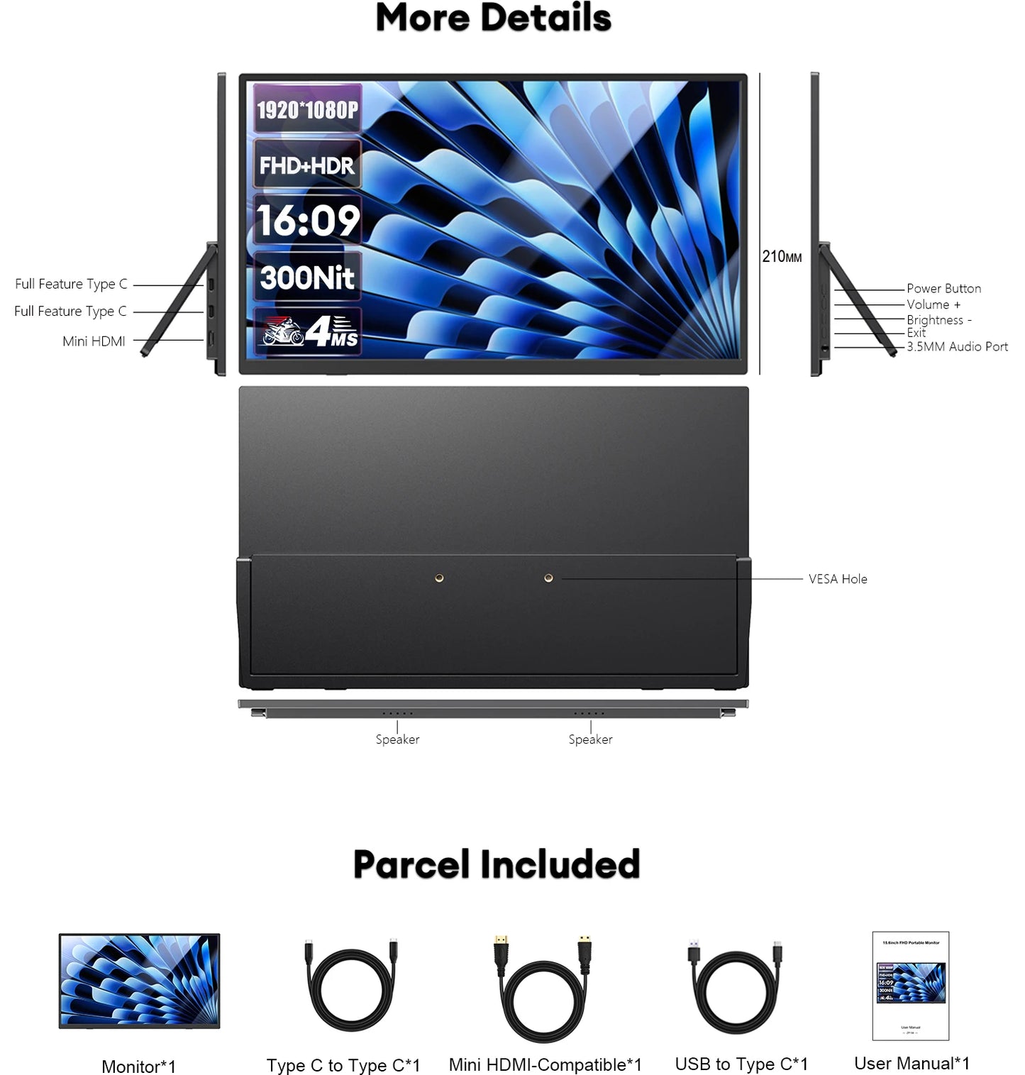15.6" Full HD Ultra-Slim Portable Monitor - 100% sRGB HDR10 Display