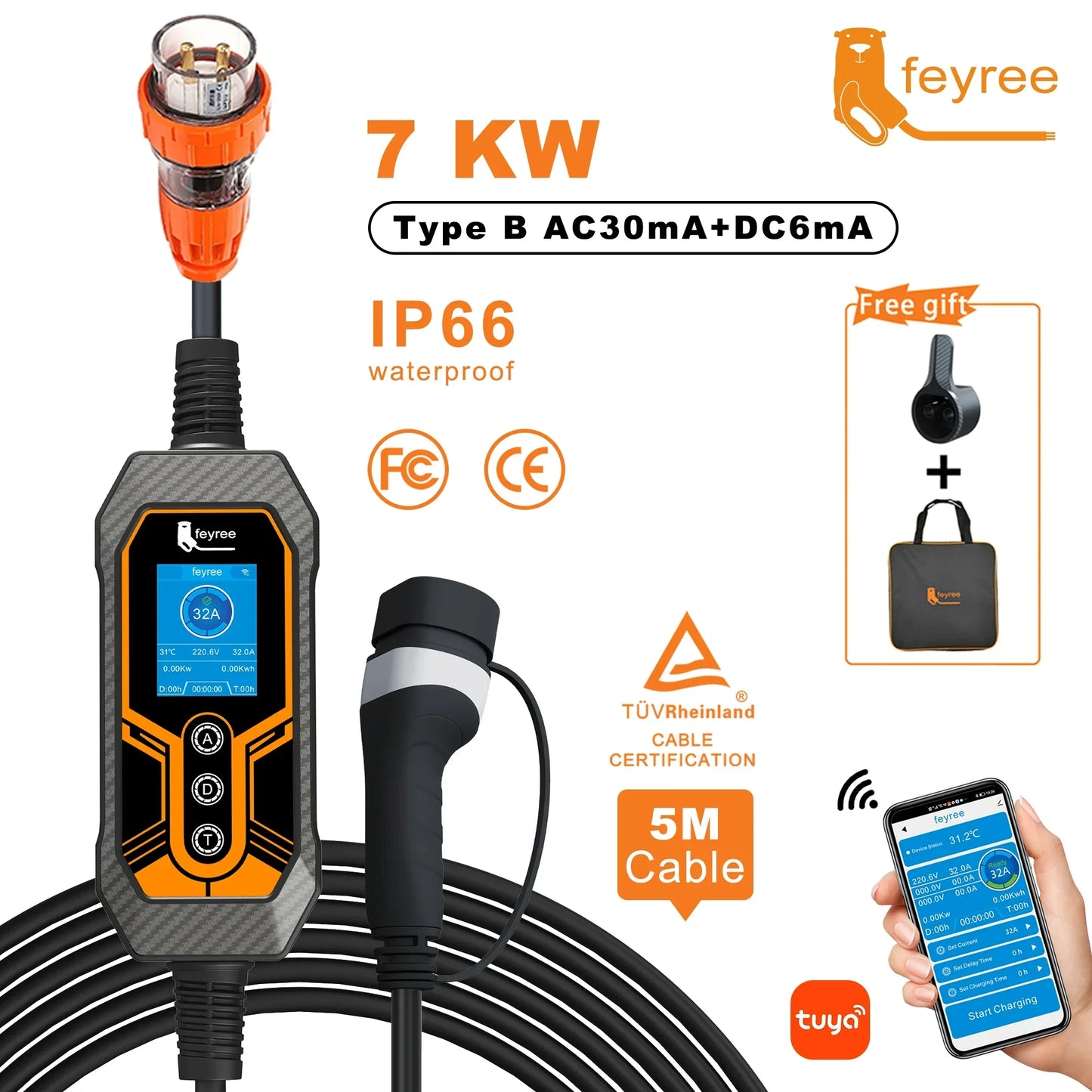 7KW Portable EV Charger Type 2, 32A Adjustable Smart WiFi Fast Car Charger