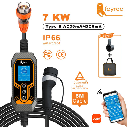 7KW Portable EV Charger Type 2, 32A Adjustable Smart WiFi Fast Car Charger