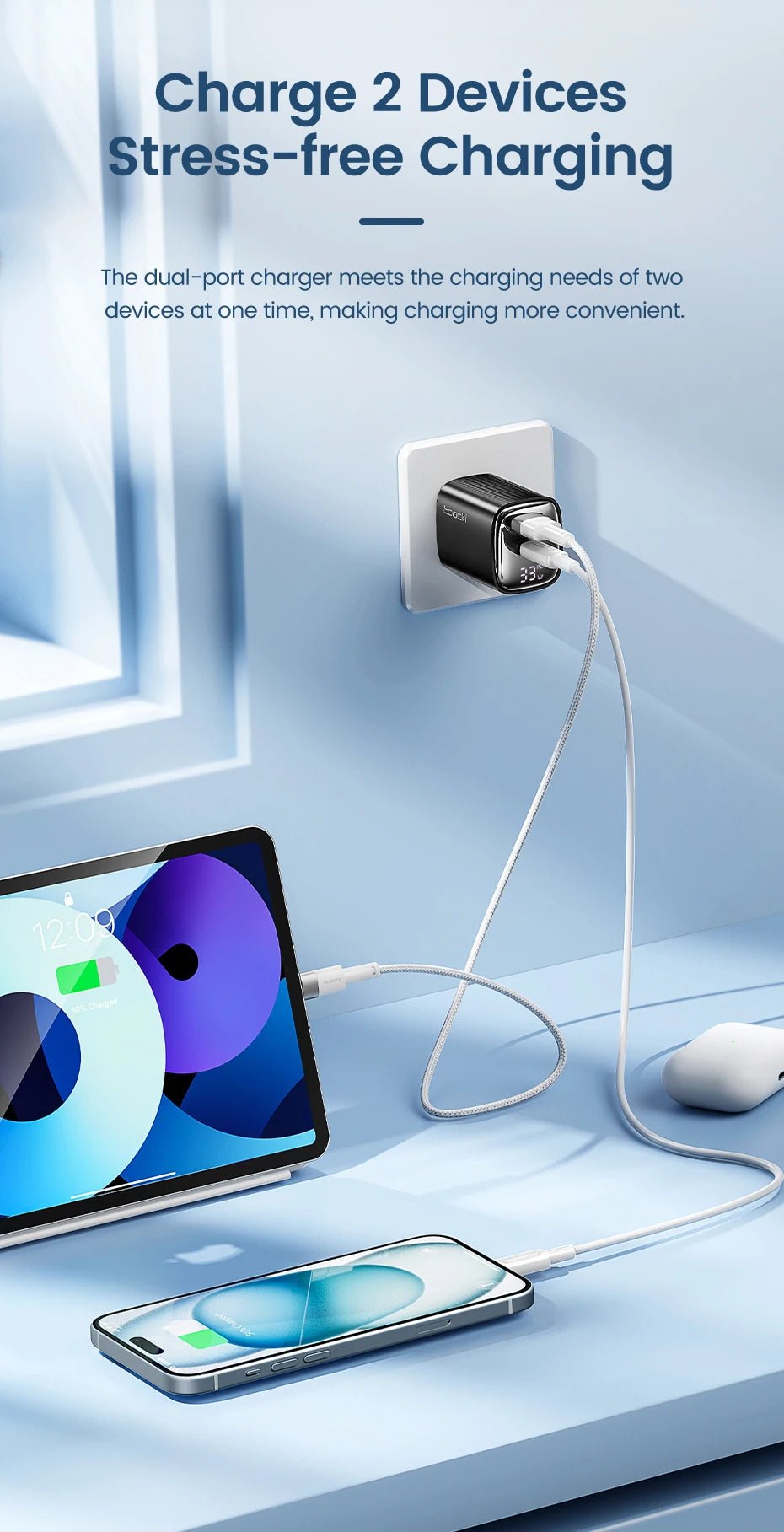 33W GaN Digital Display Fast Charger - USB-C & USB-A Dual Port Power Adapter - 9