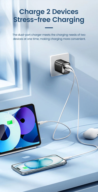 33W GaN Digital Display Fast Charger - USB-C & USB-A Dual Port Power Adapter
