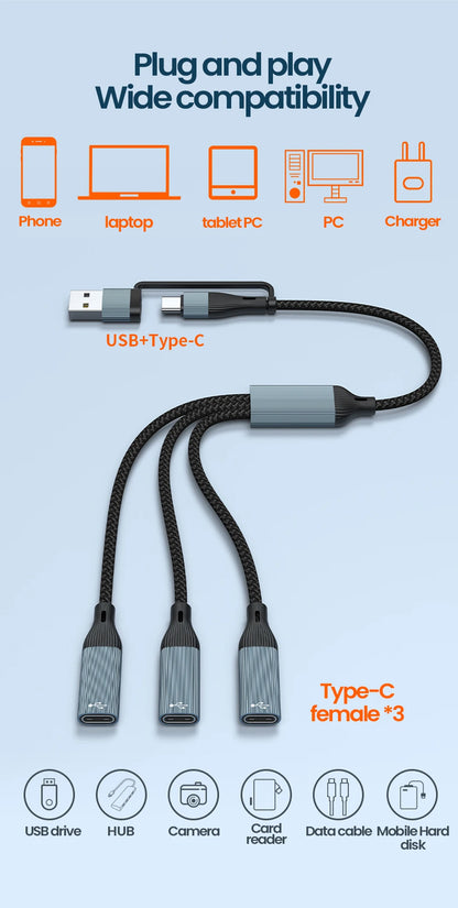 USB-C to 3-Port USB 3.0 Hub Adapter - High-Speed Data & OTG Splitter
