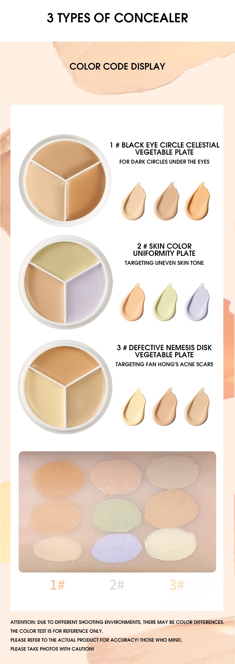 3-Color Cream Concealer Palette for Flawless Skin & Dark Circles - 10