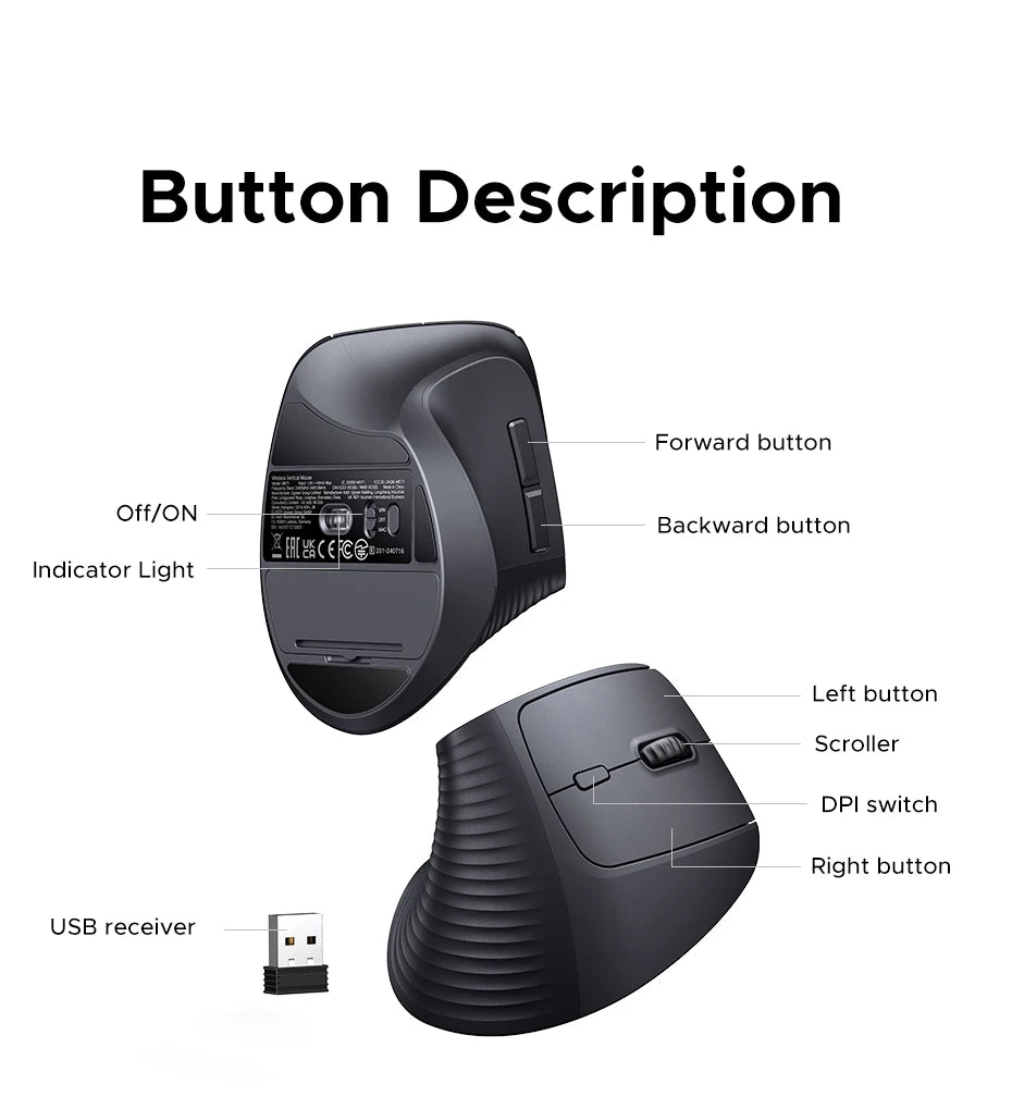 Vertical Ergonomic Wireless Mouse 4000 DPI Optical 2.4G Silent Click