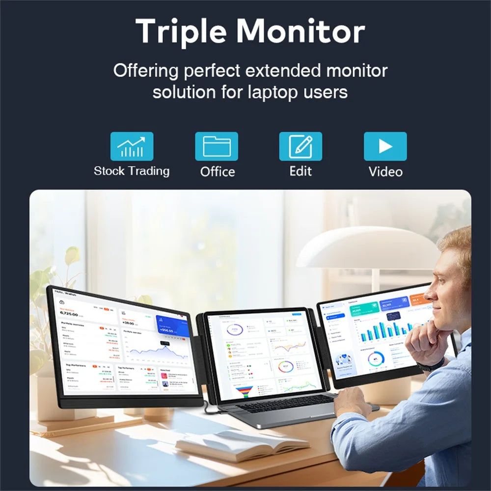 14-16" Dual Screen Laptop Monitor Extender - FHD IPS Portable Triple Display
