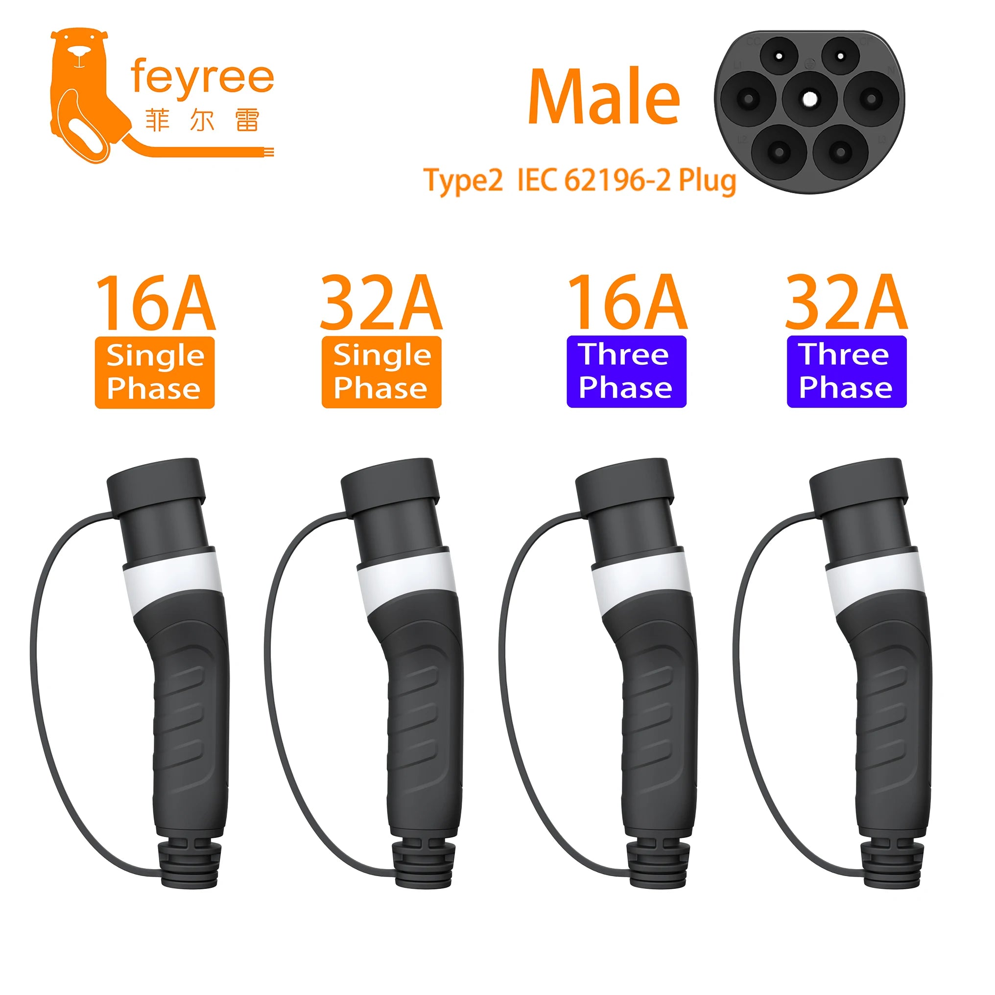 Type 2 Male EV Charging Plug - 16A/32A Universal Electric Car Charger - 8
