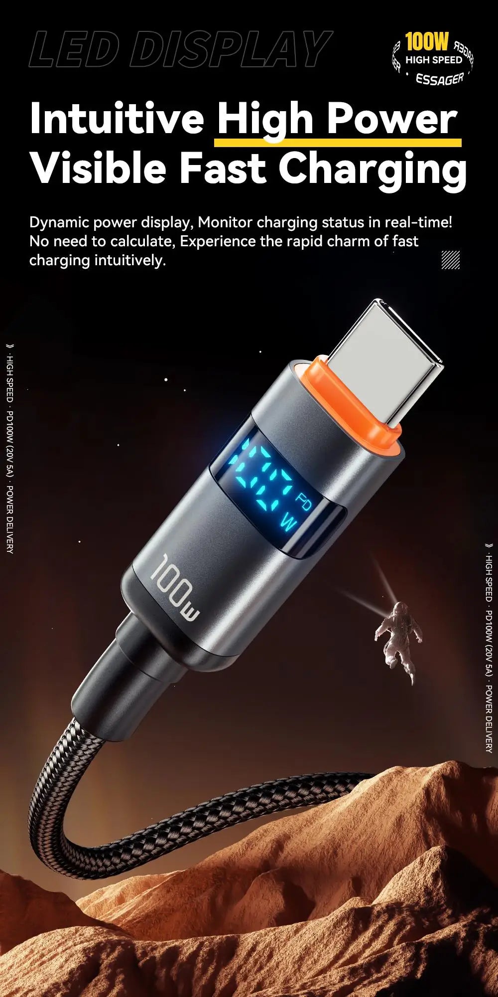 100W USB-C to USB-C Fast Charging Cable with LED Display - 9
