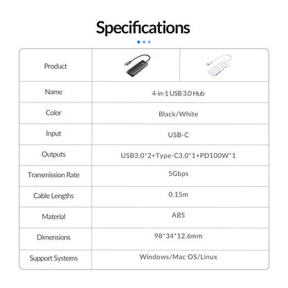 4-in-1 USB-C Hub Adapter with 100W PD Charging & 5Gbps Data Transfer