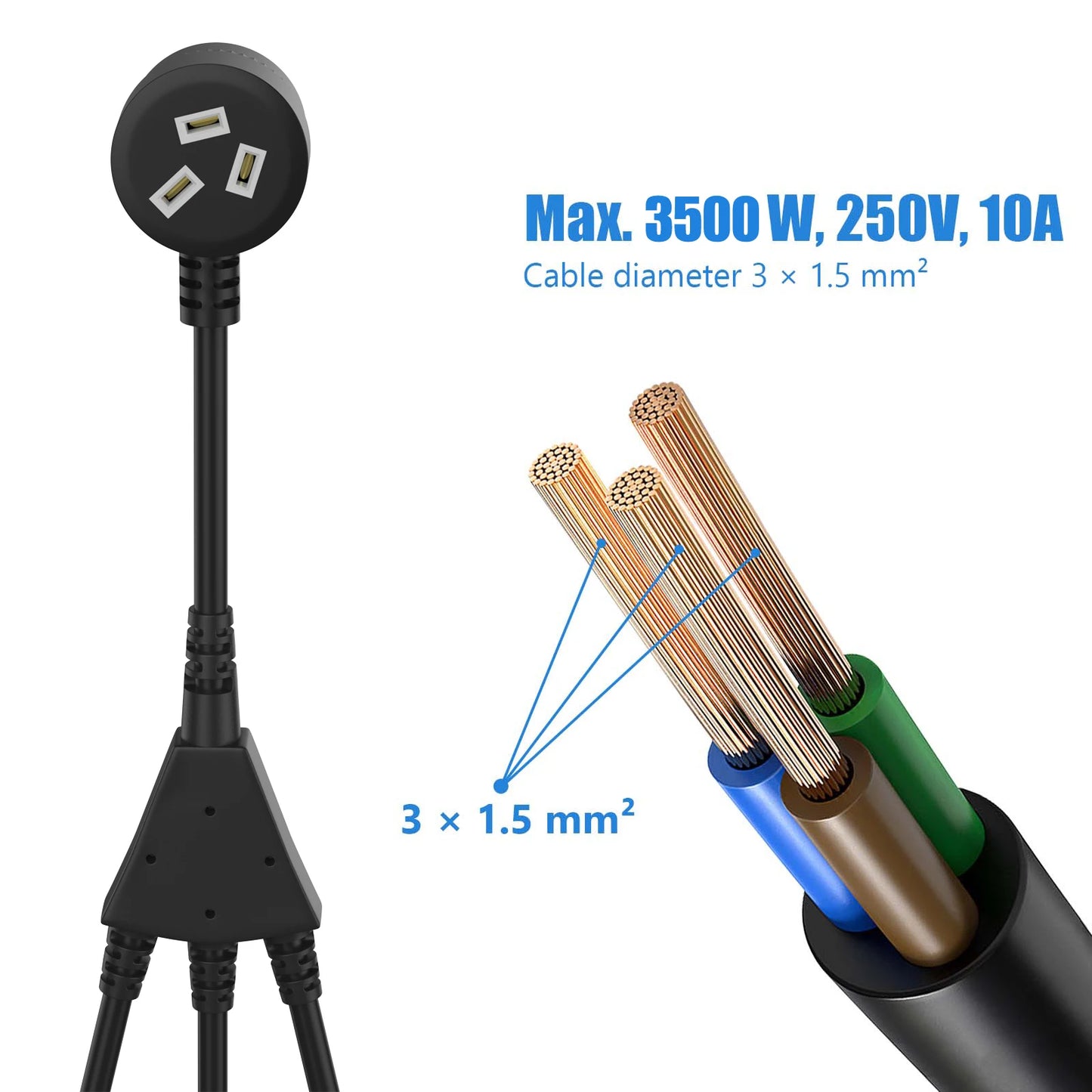 Australian 3-Way Power Extension Cord - 10A 250V Heavy Duty Splitter Cable
