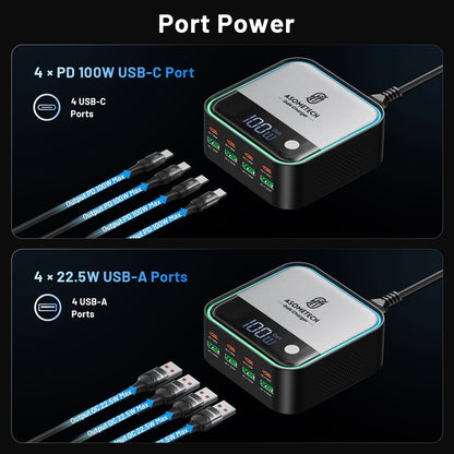 100W GaN 8-Port Desktop USB Charger with LED Digital Display & Lighting