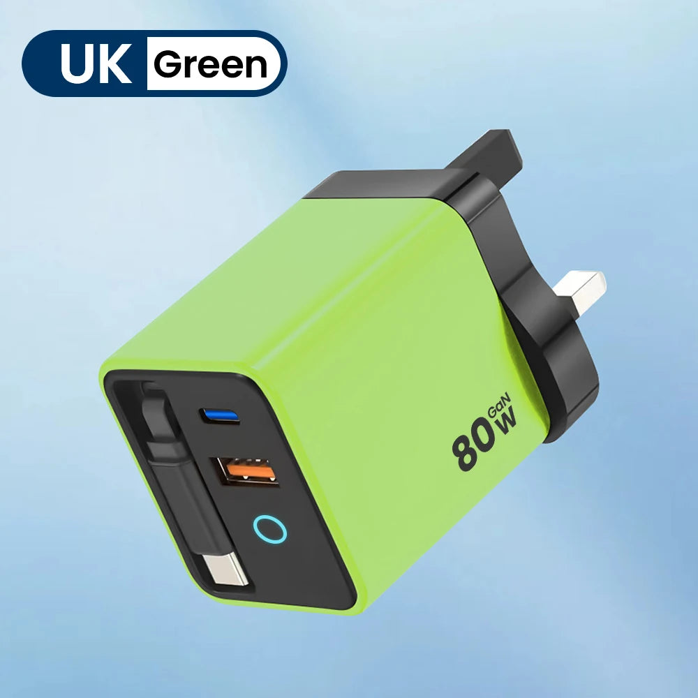 80W Fast USB-C Car Charger with Retractable Cable for iPhone & Laptop - 20