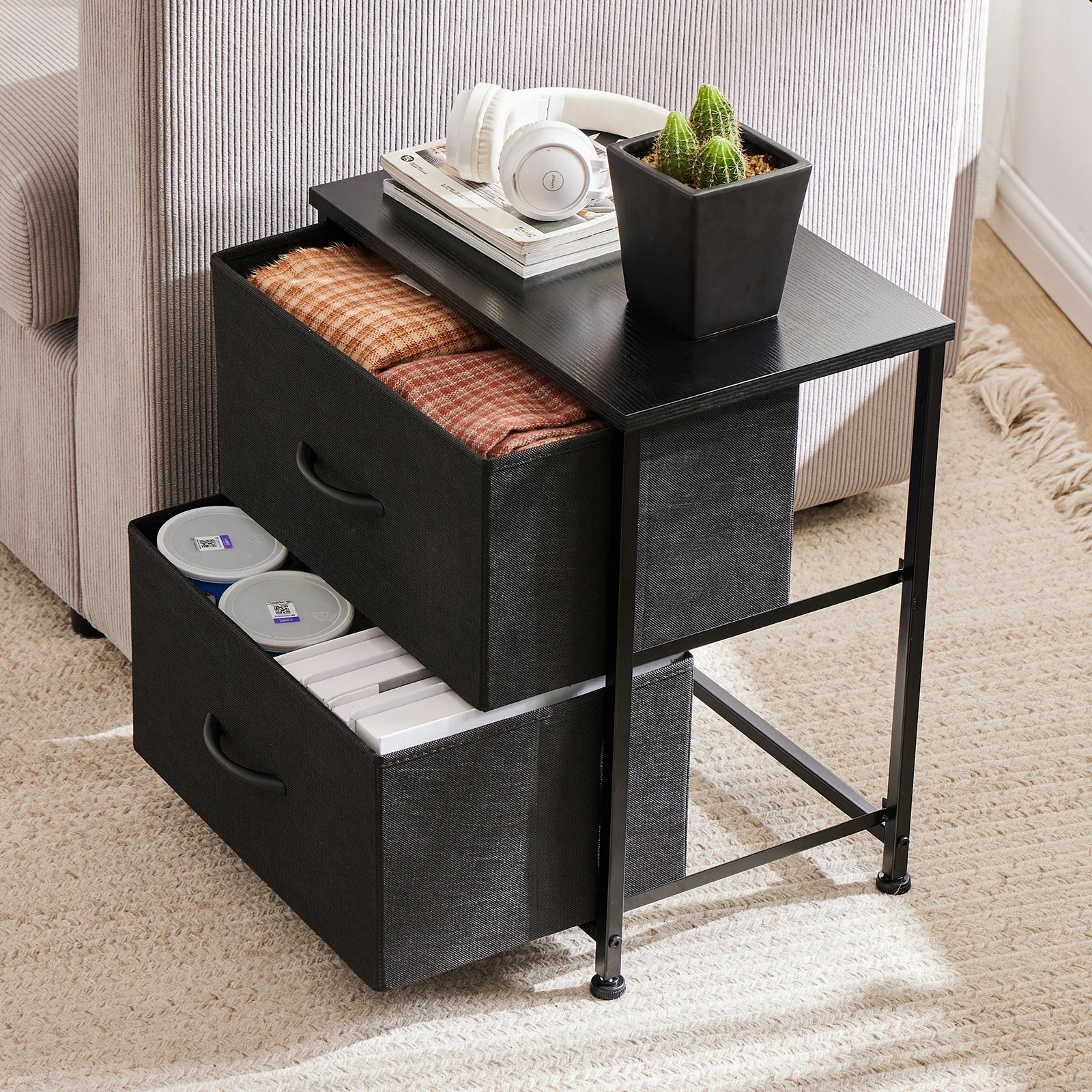 Modern 2-Drawer Nightstand with Fabric Storage Drawers – Bedroom Side Table - 2