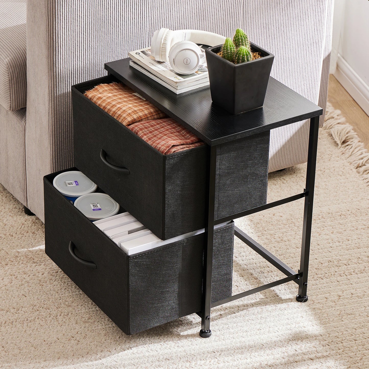 Modern 2-Drawer Nightstand with Fabric Storage Drawers – Bedroom Side Table