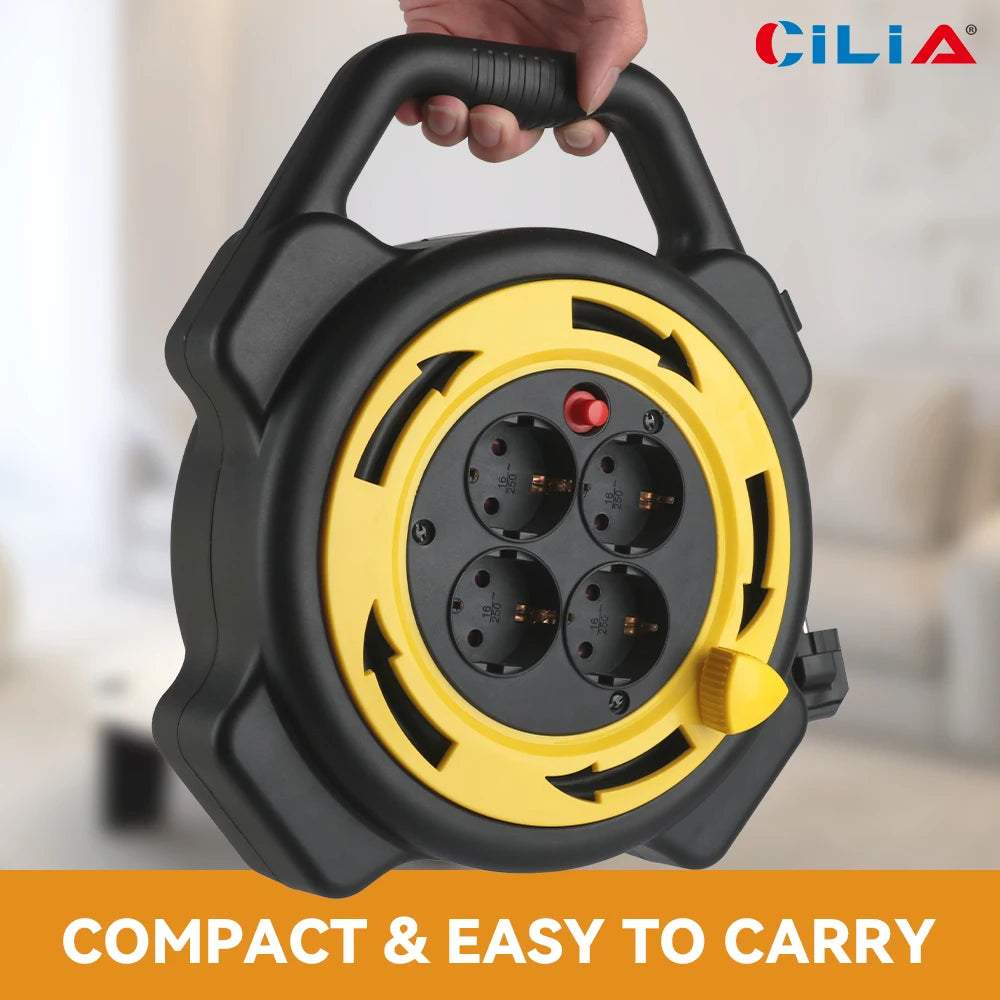 10M Retractable Extension Cord Reel with 4 Sockets, Heavy Duty Power Station