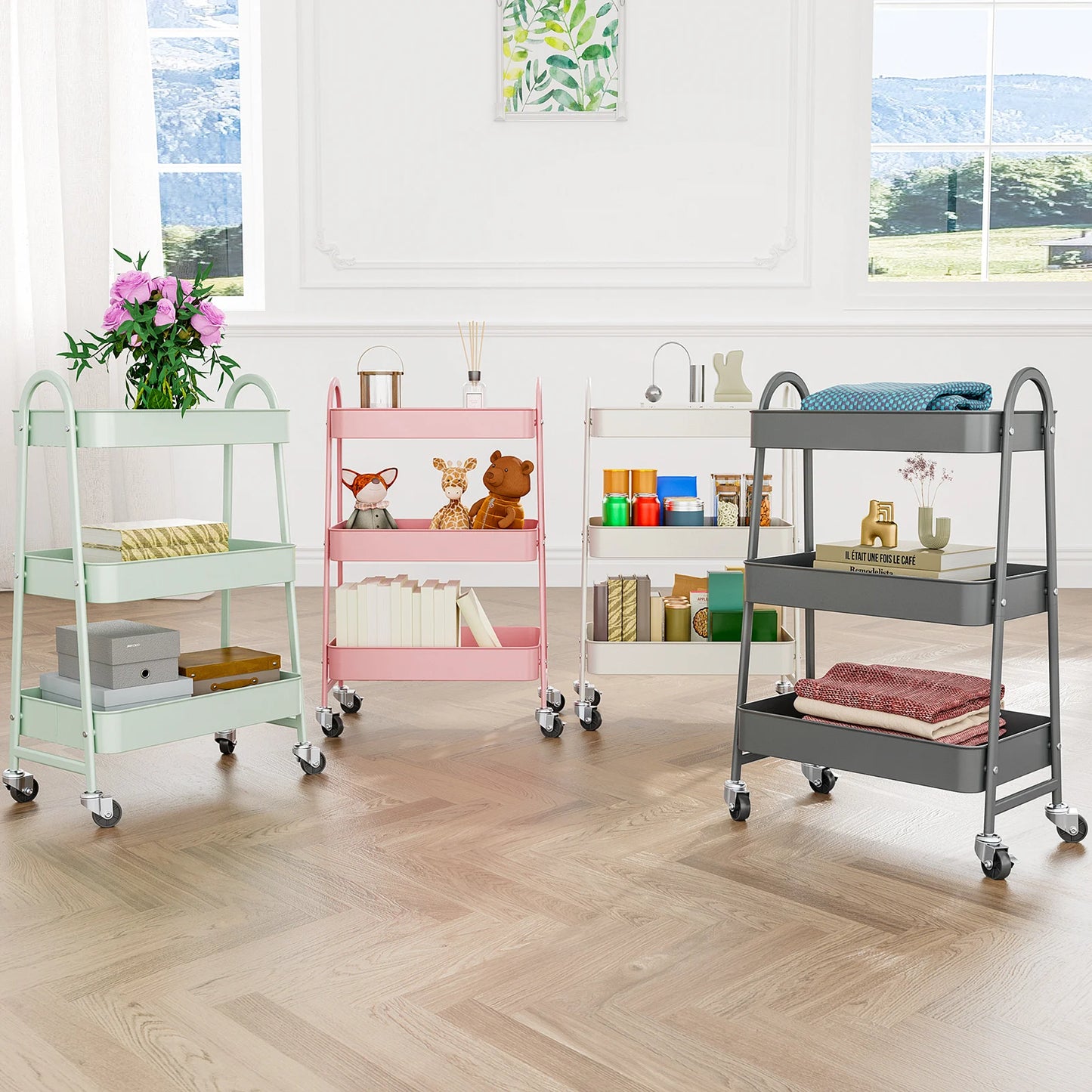 3-Tier Rolling Storage Utility Cart with Lockable Wheels for Home