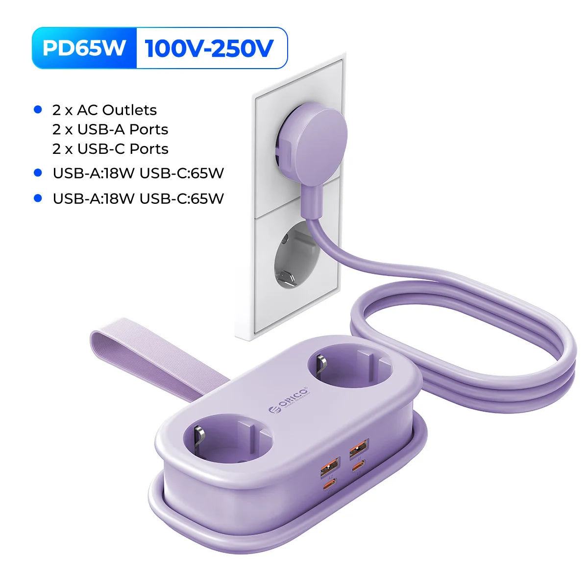 65W GaN Fast Charging Power Strip - 6-in-1 Compact Travel Charger & Adapter