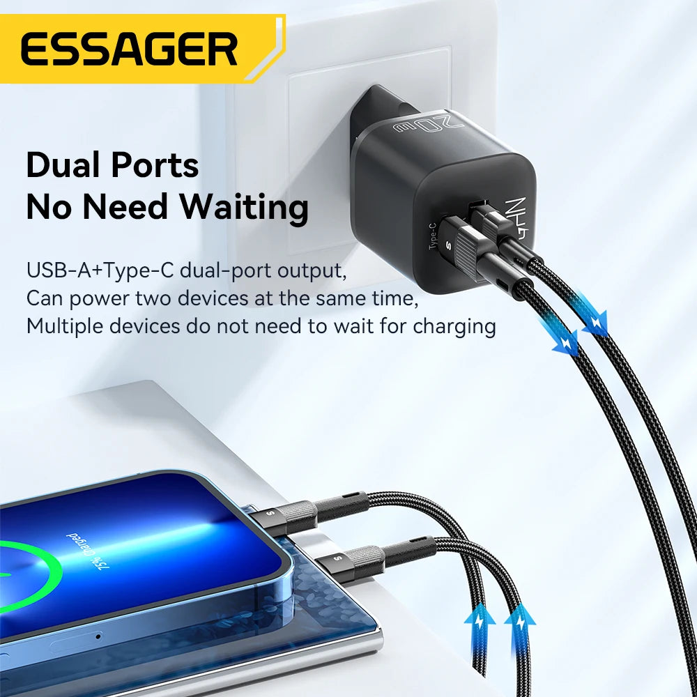 20W GaN Dual Port USB-C Fast Wall Charger for iPhone Samsung iPad