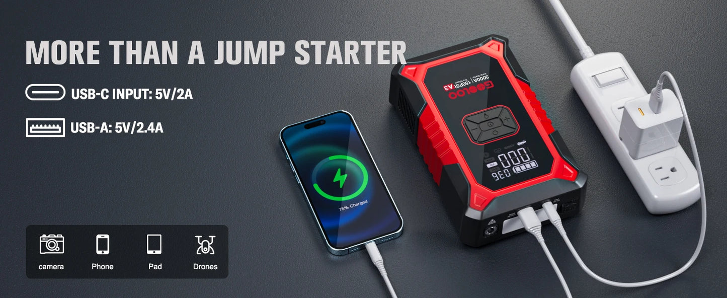 3000A Car Jump Starter with Portable Air Compressor & Emergency Power Bank