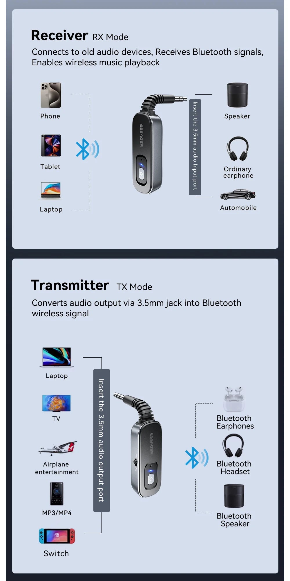 Essager 2-in-1 Bluetooth 5.1 Transmitter & Receiver for TV, Car & Audio - 11