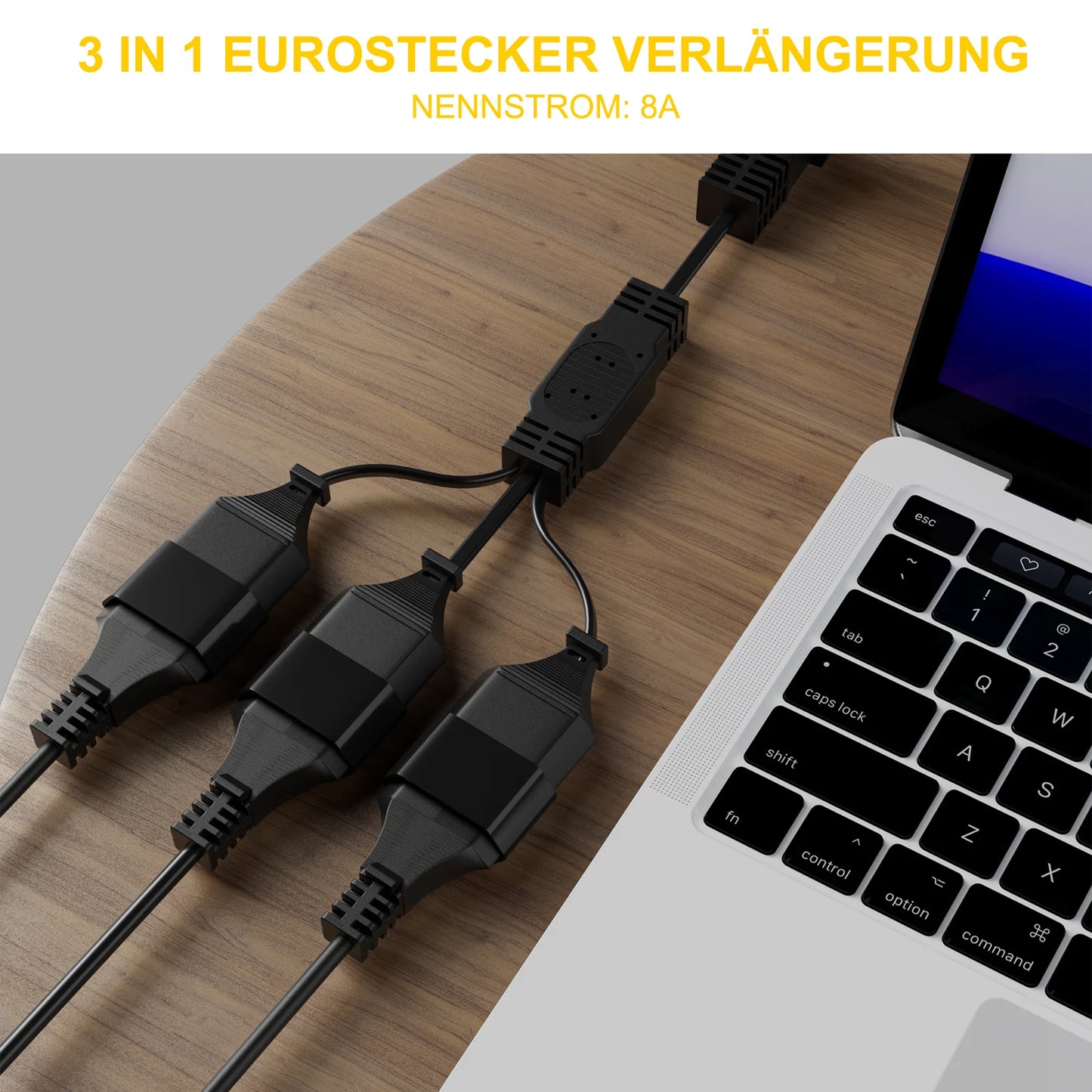 EU 3-Way Power Extension Cord - 90-Degree Flat Plug for Home & Travel
