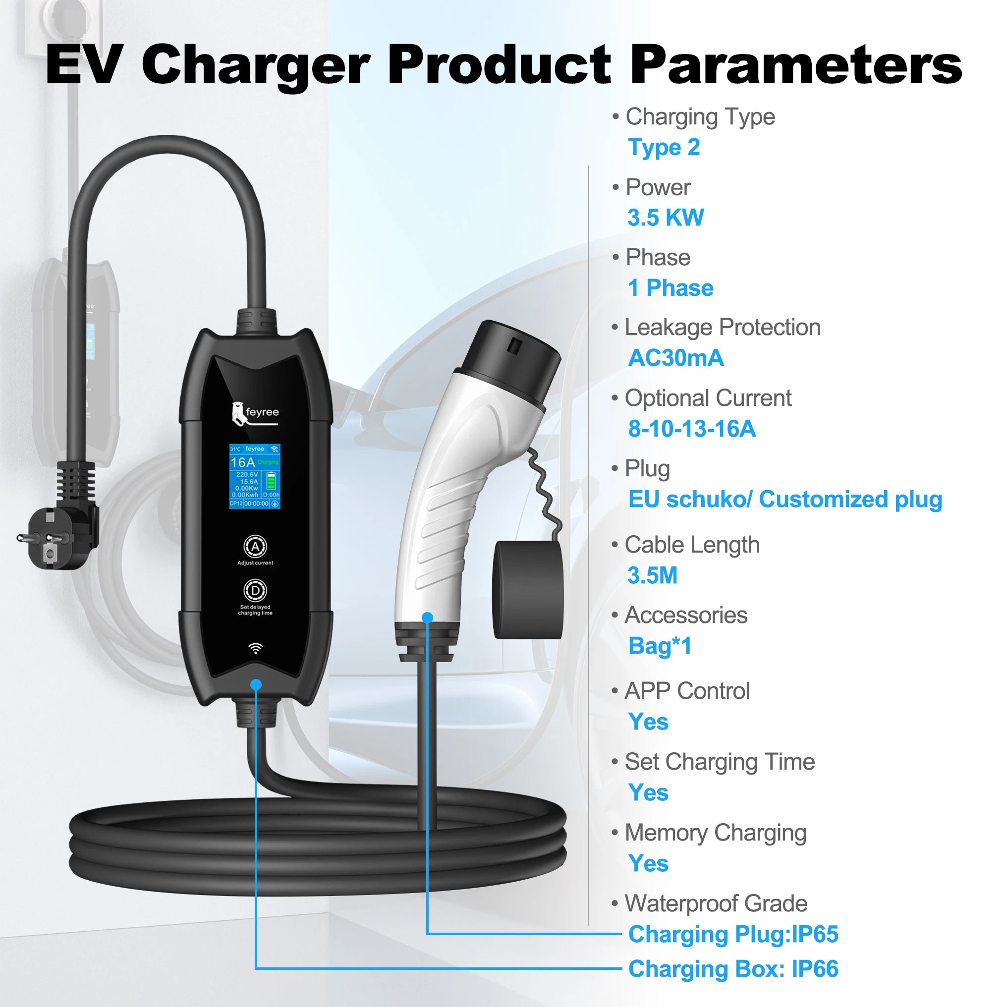 Portable Type 2 EV Charger - 3.5KW Smart App Controlled Fast Charging Cable - 8