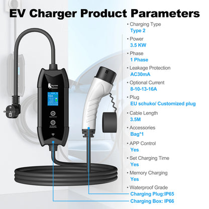 Portable Type 2 EV Charger - 3.5KW Smart App Controlled Fast Charging Cable