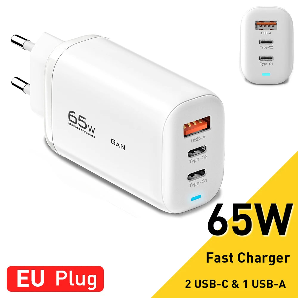 65W GaN Fast Charger - Triple Port USB-C Wall Charger for Laptop & Phone