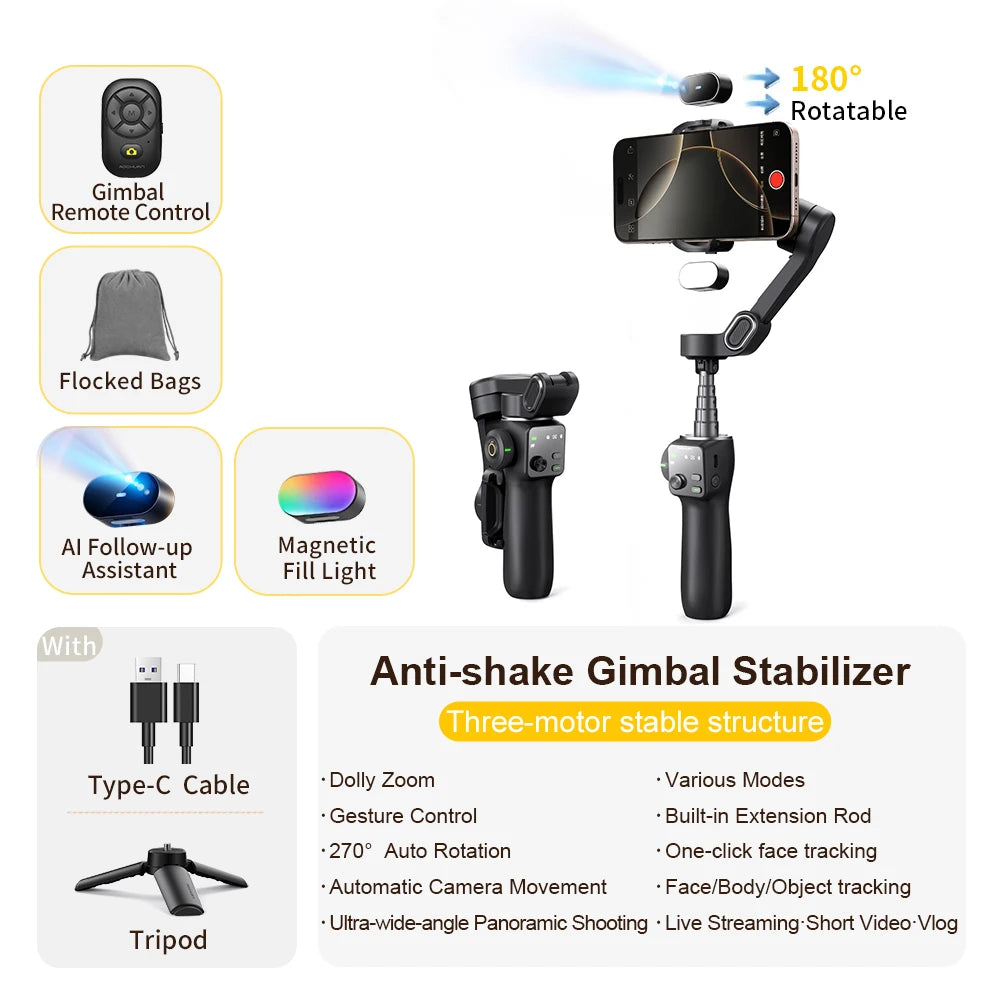 3-Axis Phone Gimbal Stabilizer with Tripod, Extension Rod & Face Tracking - 26