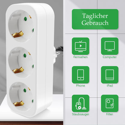 3-Way European Power Socket Adapter - 16A EU Plug Extension Converter